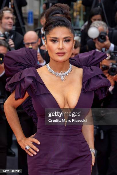 Salma Hayek attends the "Killers Of The Flower Moon" red carpet during the 76th annual Cannes film festival at Palais des Festivals on May 20, 2023...