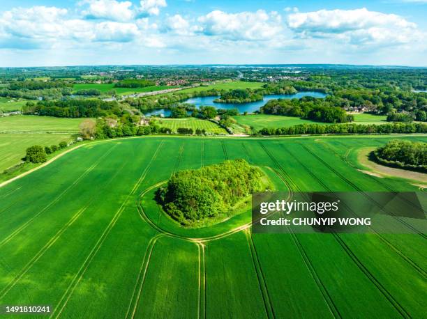 vue aérienne de beaux champs agricoles avec un ciel bleu nuageux en angleterre - buckinghamshire photos et images de collection