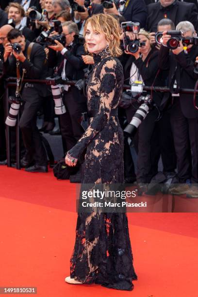Isabelle Huppert attends the "Killers Of The Flower Moon" red carpet during the 76th annual Cannes film festival at Palais des Festivals on May 20,...
