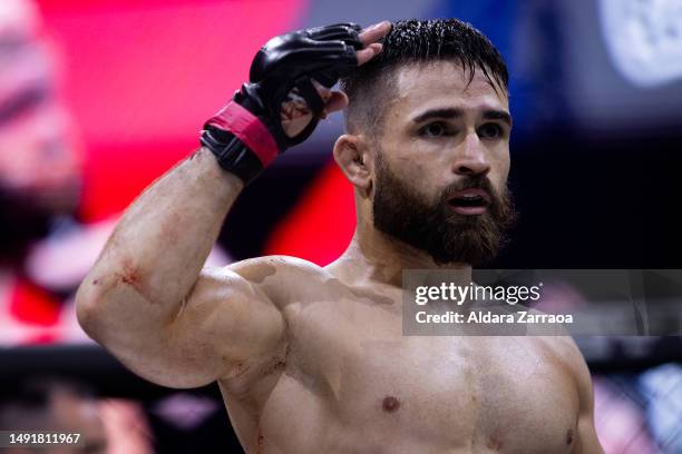 Rafael "Leprechaun" Calderon fights during the Mixed Martial Arts competition "WOW 9 Mixed Martial Arts Competition" at Palacio Vistalegre on May 20,...