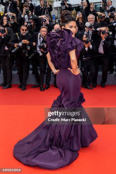 Salma Hayek attends the "Killers Of The Flower Moon" red carpet during the 76th annual Cannes film festival at Palais des Festivals on May 20, 2023...