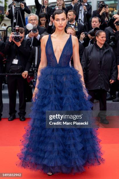 Irina Shayk attends the "Killers Of The Flower Moon" red carpet during the 76th annual Cannes film festival at Palais des Festivals on May 20, 2023...