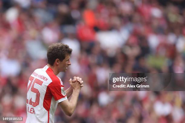 Thomas Mueller of FC Bayern Munich reacts during the Bundesliga match between FC Bayern München and RB Leipzig at Allianz Arena on May 20, 2023 in...