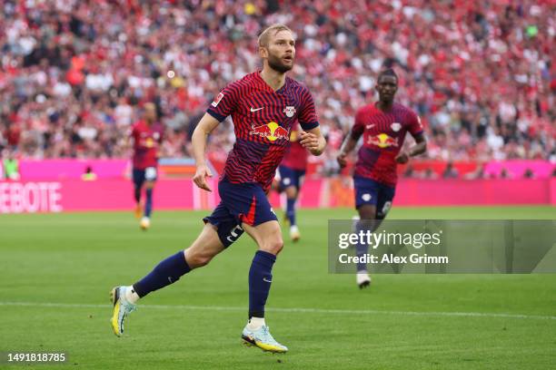 Konrad Laimer of RB Leipzig celebrates after scoring the team's first goal during the Bundesliga match between FC Bayern München and RB Leipzig at...
