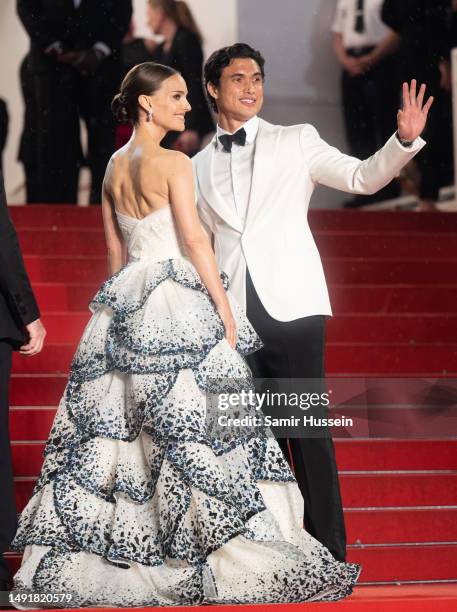 Natalie Portman and Charles Melton attends the "May December" red carpet during the 76th annual Cannes film festival at Palais des Festivals on May...