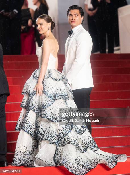 Natalie Portman and Charles Melton attends the "May December" red carpet during the 76th annual Cannes film festival at Palais des Festivals on May...