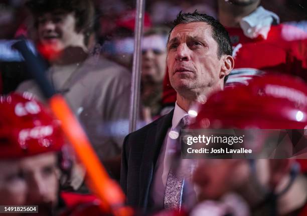 Head coach Rod Brind'Amour of the Carolina Hurricanes is seen prior to Game Two of the Eastern Conference Final of the 2023 Stanley Cup Playoffs...