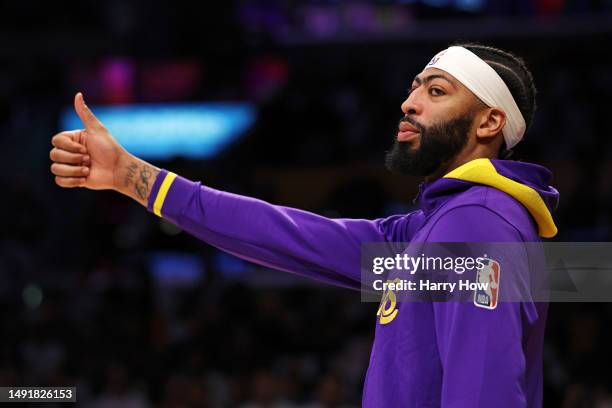 Anthony Davis of the Los Angeles Lakers warms up before playing against the Denver Nuggets in game three of the Western Conference Finals at...