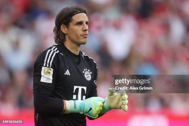 Yann Sommer of FC Bayern Munich reacts during the Bundesliga match between FC Bayern München and RB Leipzig at Allianz Arena on May 20, 2023 in...