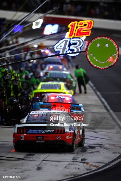 Kevin Harvick, driver of the Busch Light Ford, pits during qualifying heat for the NASCAR Cup Series All-Star Race at North Wilkesboro Speedway on...