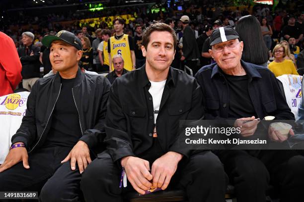 Gene Hong, Jake Gyllenhaal and David Geffen attend game three of the Western Conference Finals between the Los Angeles Lakers and the Denver Nuggets...