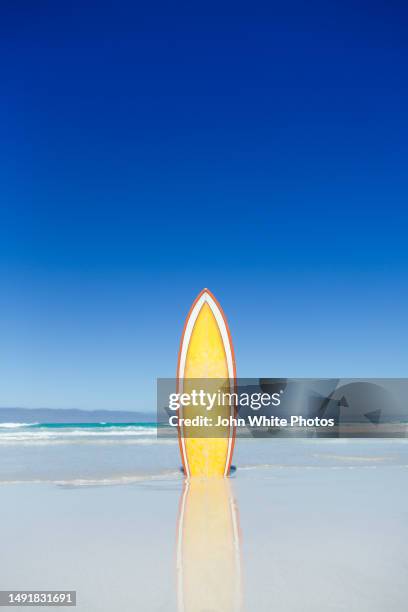 yellow retro surfboard on an empty beach. surf waves in the background. blue sky with copy space. - gold coast surfing stock pictures, royalty-free photos & images