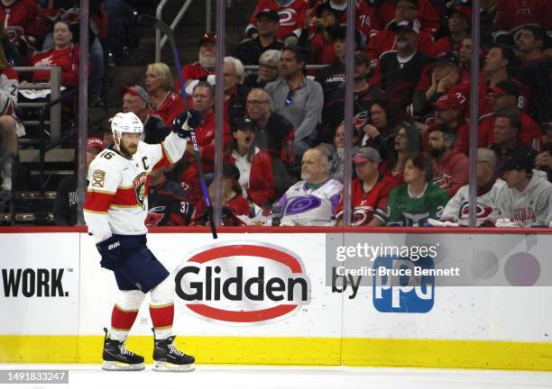 Aleksander Barkov of the Florida Panthers celebrates after scoring a goal on Antti Raanta of the Carolina Hurricanes during the second period in Game...