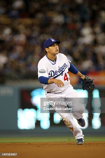 Luis Cruz of the Los Angeles Dodgers plays shortstop during the game against the Philadelphia Phillies at Dodger Stadium on July 17, 2012 in Los...