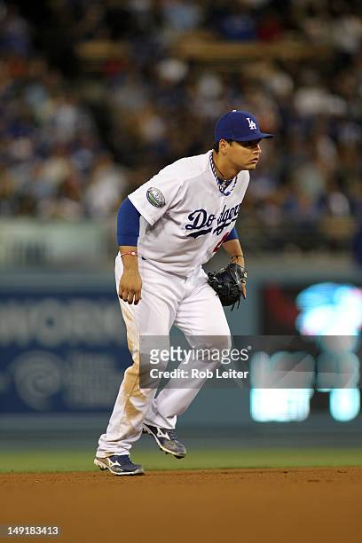 Luis Cruz of the Los Angeles Dodgers plays shortstop during the game against the Philadelphia Phillies at Dodger Stadium on July 17, 2012 in Los...