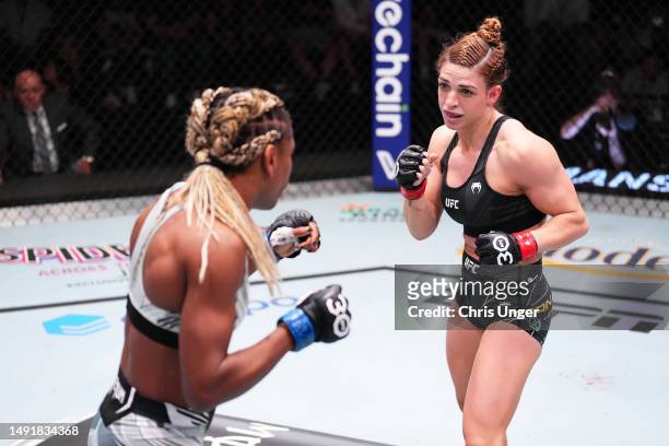 Mackenzie Dern faces Angela Hill in a strawweight fight during the UFC Fight Night event at UFC APEX on May 20, 2023 in Las Vegas, Nevada.