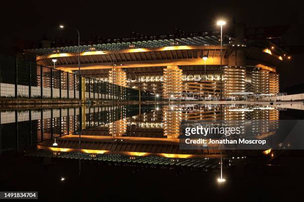 General view of the stadium reflected in a puddle from rainwater, following the Serie A match between AC MIlan and UC Sampdoria at Stadio Giuseppe...