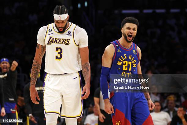 Jamal Murray of the Denver Nuggets reacts to a play in front of Anthony Davis of the Los Angeles Lakers during the second quarter in game three of...