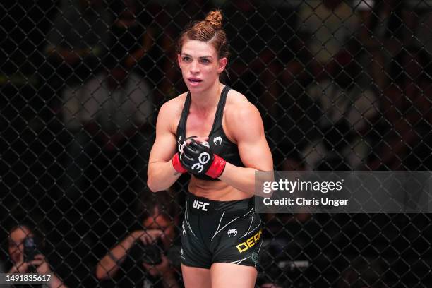 Mackenzie Dern stands in her corner between rounds against Angela Hill in a strawweight fight during the UFC Fight Night event at UFC APEX on May 20,...