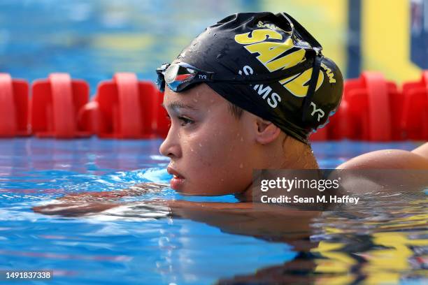 Bella Sims looks on after finishing first place in the Women's 800 Meter Freestyle Final during the TYR Pro Swim Series Mission Viejo at Marguerite...