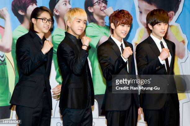 Baro, Jinyoung and Sandeul of South Korean boy band B1A4 attend during to promote the KBS Joy real infant care variety 'Hello Baby' on July 24, 2012...