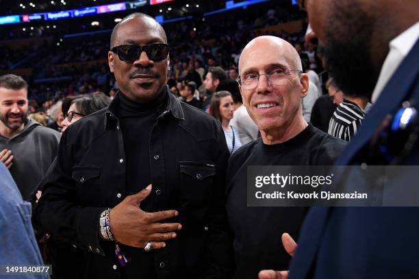 Eddie Murphy and Jeffrey Katzenberg attend game three of the Western Conference Finals between the Los Angeles Lakers and the Denver Nuggets at...