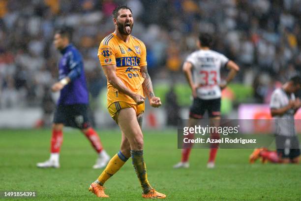 Andre-Pierre Gignac of Tigres celebrates after winning the semifinals second leg match between Monterrey and Tigres UANL as part of the Torneo...