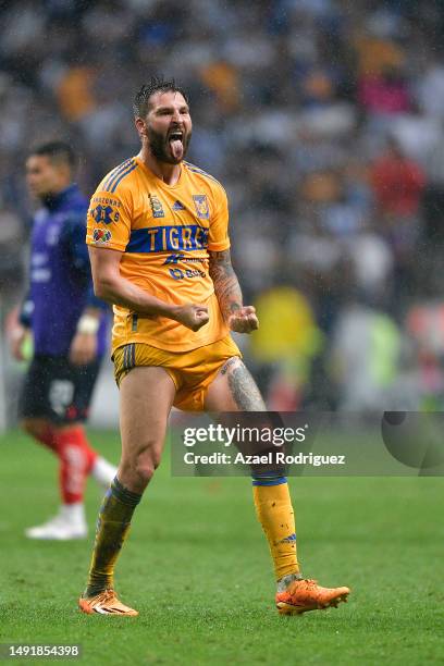 Andre-Pierre Gignac of Tigres celebrates after winning the semifinals second leg match between Monterrey and Tigres UANL as part of the Torneo...