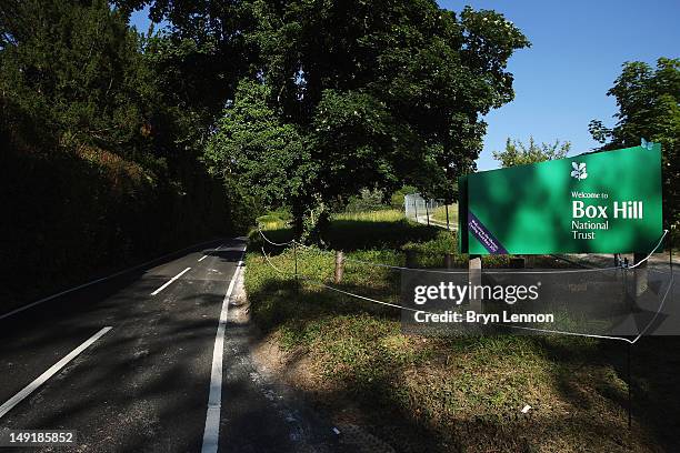 General view of the bottom of Box Hill on July 24, 2012 in surrey, England. . Box Hill features prominently in the route of the Olympic cycling road...