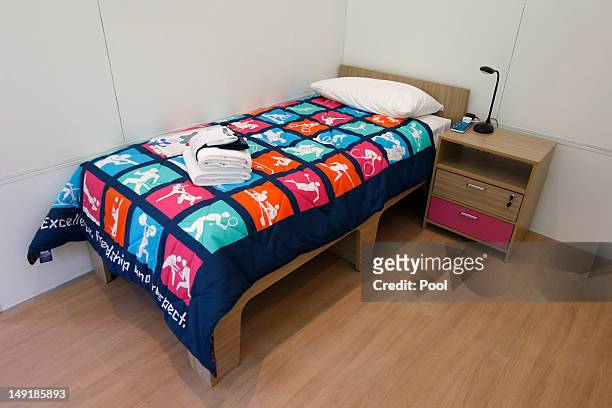Bed is seen inside a room at the Olympic Village on July 24, 2012 in London, England.
