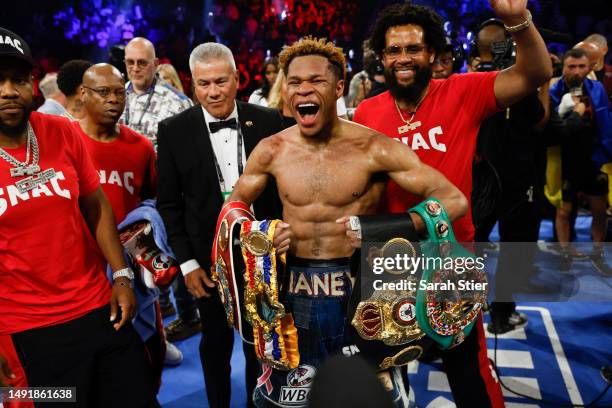 Devin Haney celebrates after defeating Vasyl Lomachenko of Ukraine during their Undisputed lightweight championship fight at MGM Grand Garden Arena...