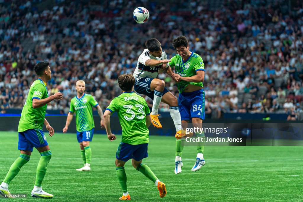Laborda Mathias Laborda of the Vancouver Whitecaps FC attempts a header at ...