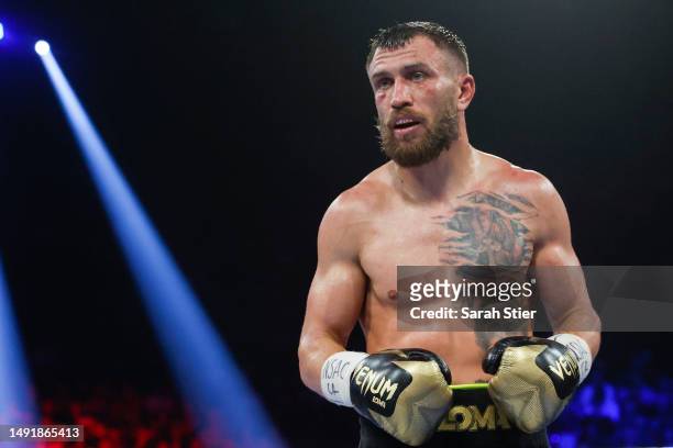 Vasyl Lomachenko of Ukraine looks on against Devin Haney during their undisputed lightweight title bout at MGM Grand Garden Arena on May 20, 2023 in...