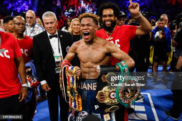 Devin Haney celebrates after defeating Vasyl Lomachenko of Ukraine during their Undisputed lightweight championship fight at MGM Grand Garden Arena...