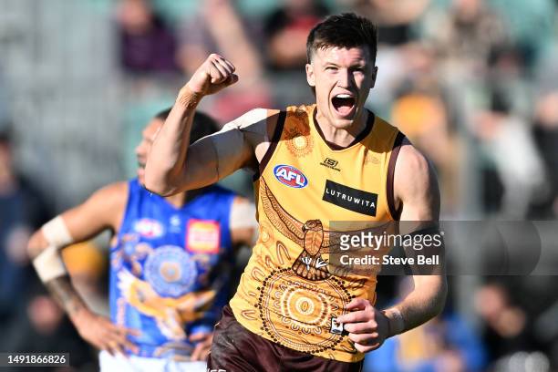 Mitch Lewis of the Hawks celebrates a goal during the round 10 AFL match between Hawthorn Hawks and West Coast Eagles at University of Tasmania...