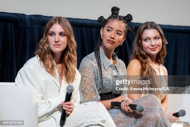Sophie Nélisse, Jasmin Savoy Brown, and Samantha Hanratty attend Showtime's 'Yellowjackets' season 2 Emmy FYC event at Hollywood Athletic Club on May...