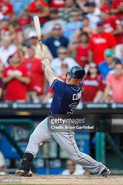 Brooks Conrad of the Tampa Bay Rays swings at a pitch during interleague play against the Philadelphia Phillies at Citizens Bank Park on June 23,...