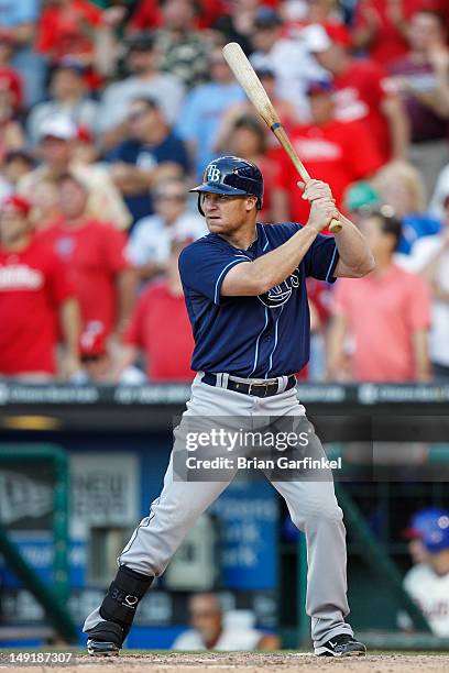 Brooks Conrad of the Tampa Bay Rays bats during interleague play against the Philadelphia Phillies at Citizens Bank Park on June 23, 2012 in...