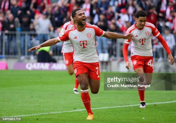 Serge Gnabry of FC Bayern Munich celebrates after scoring the team's first goal during the Bundesliga match between FC Bayern München and RB Leipzig...