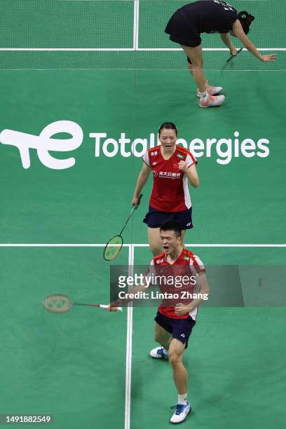 Zheng Siwei and Huang Yaqiong of China celebrate the victory in the Mixed Doubles Finals match against Seo Seung Jae and Chae Yu Jung of Korea during...