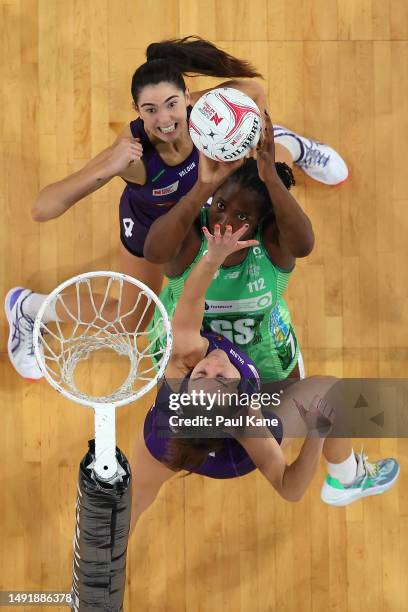 Jhaniele Fowler of the Fever puts a shot up during the round 10 Super Netball match between West Coast Fever and Queensland Firebirds at RAC Arena,...