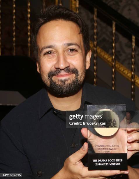 Lin-Manuel Miranda poses with his award at the 89th Annual Drama League Awards at The Ziegfeld Ballroom on May 19, 2023 in New York City.