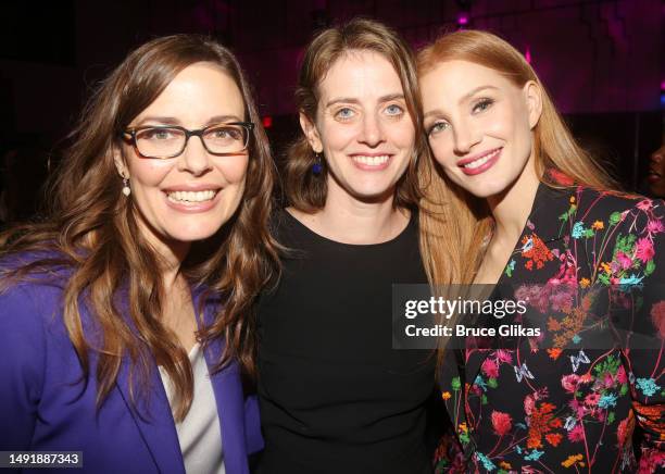 Winners Lear deBessonet, Amy Herzog and Jessica Chastain pose at the 89th Annual Drama League Awards at The Ziegfeld Ballroom on May 19, 2023 in New...