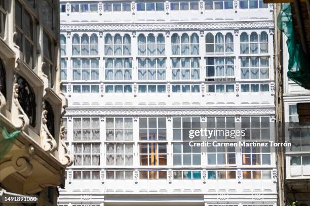 typical facade of galleries in a coruña, galicia. spain - a coruna ストックフォトと画像