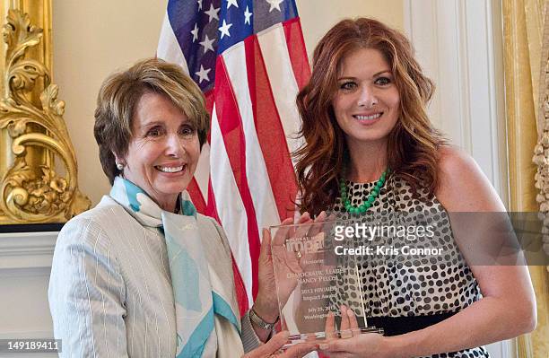 Nancy Pelosi and Debra Messing pose for a photo after Messing presented Pelosi with an award, Messing was making a round of meetings on behalf of...