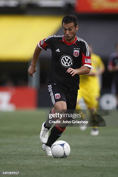 Hamdi Saihi of the D.C. United moves the ball upfield during the game against the Columbus Crew at Columbus Crew Stadium on July 21, 2012 in...