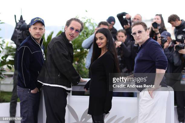Director Elias Belkeddar, Reda Kateb, Meriem Amiar and Benoît Magimel attends the "Omar La Fraise " photocall at the 76th annual Cannes film festival...