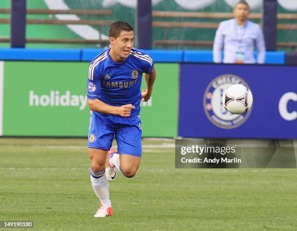 Eden Hazard of Chelsea FC plays the ball against Paris Saint Germain during the match at Yankee Stadium on July 22, 2012 in New York City.