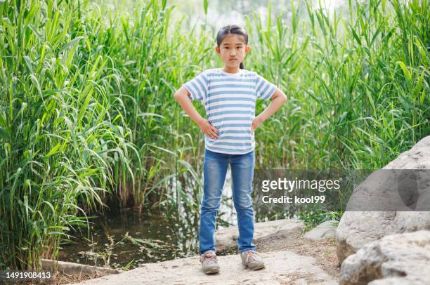 litter girl standing on water's edge - arms akimbo stock pictures, royalty-free photos & images