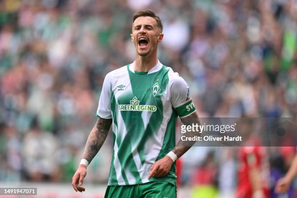 Marco Friedl of SV Werder Bremen reacts during the Bundesliga match between SV Werder Bremen and 1. FC Köln at Wohninvest Weserstadion on May 20,...